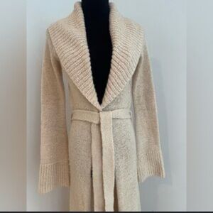 Chic Beige Knit long Sweater cardigan with belt waist